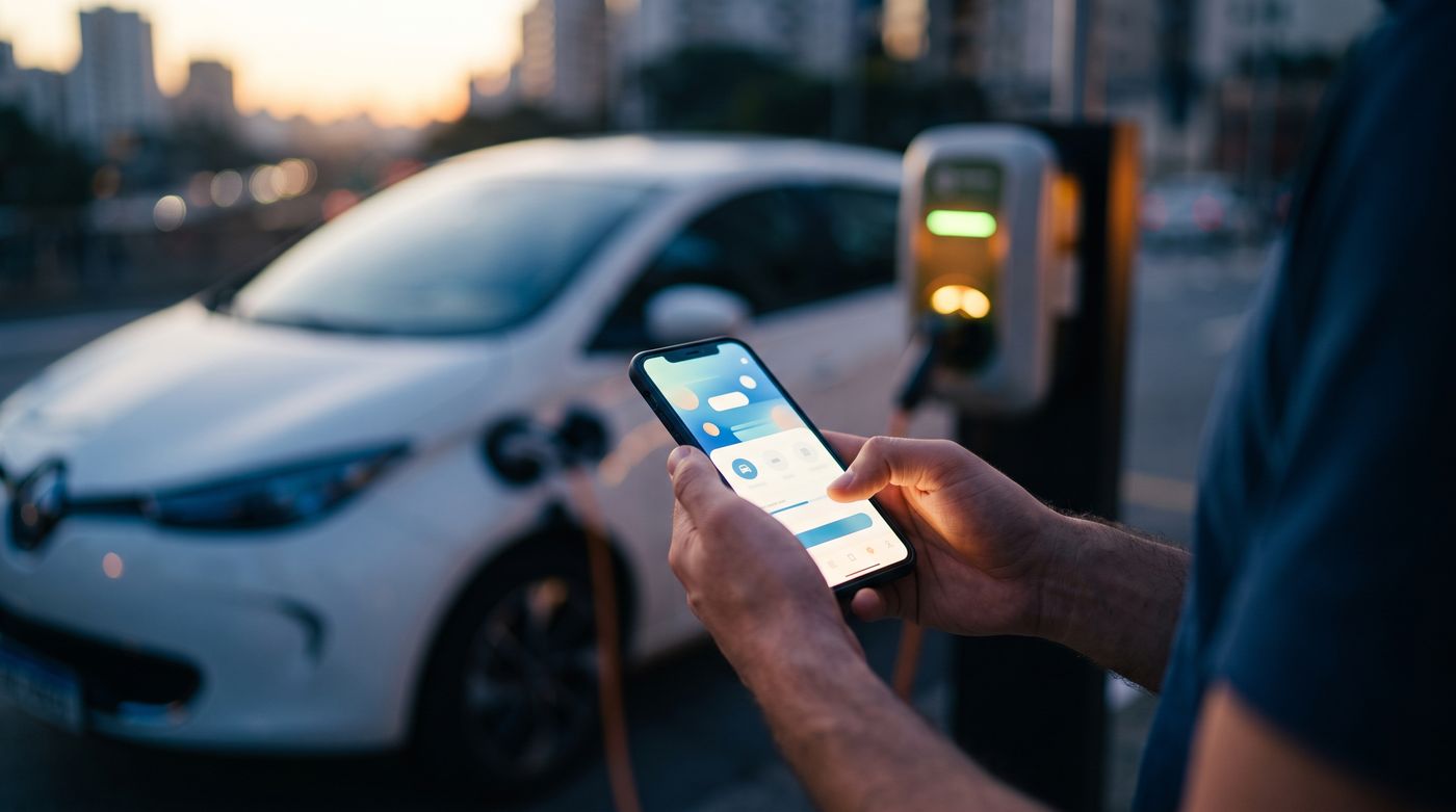 Morador acompanhando a recarga do carro elétrico pelo aplicativo Nithom no celular