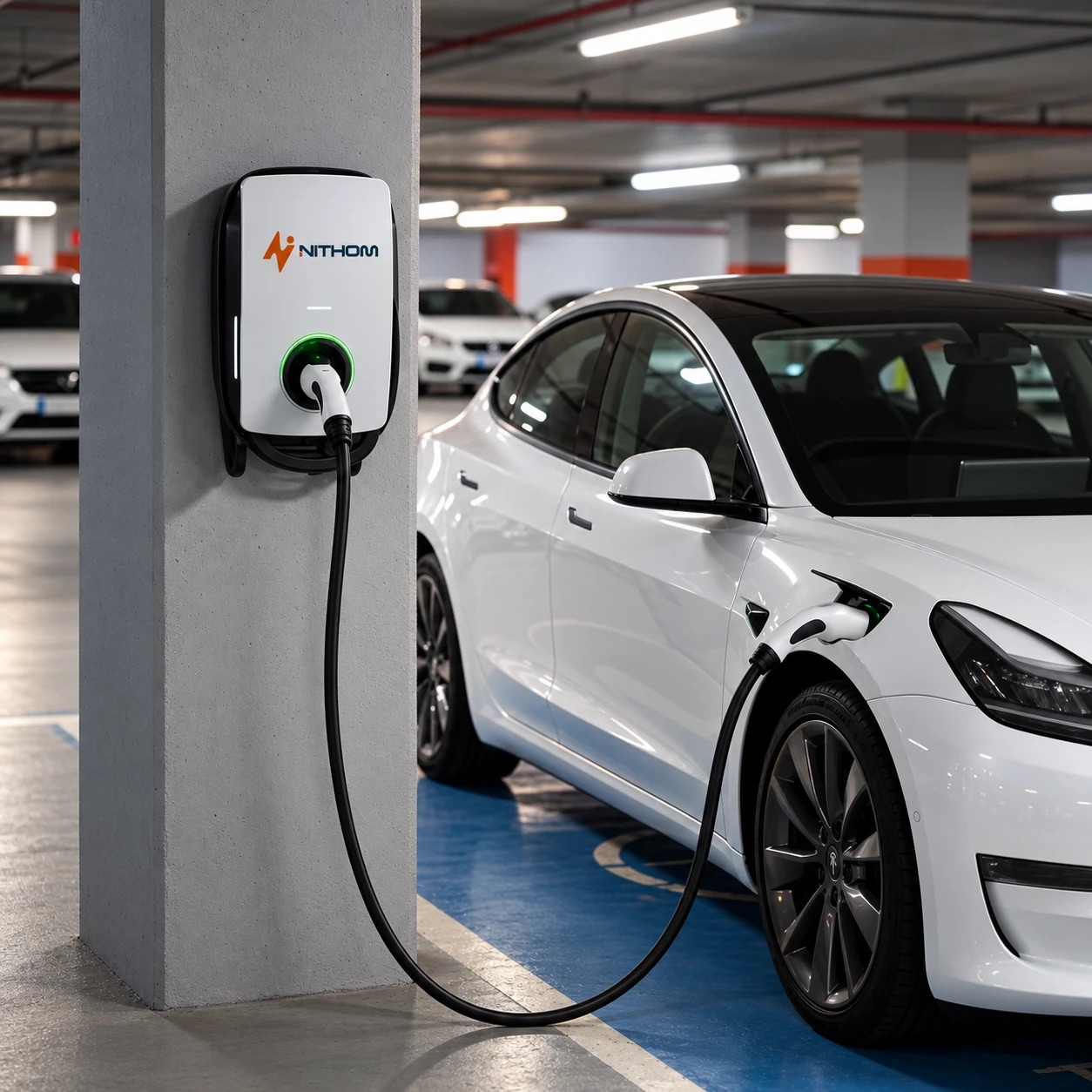 Carregador AC de parede Nithom instalado em vaga de garagem, conectado a um carro elétrico