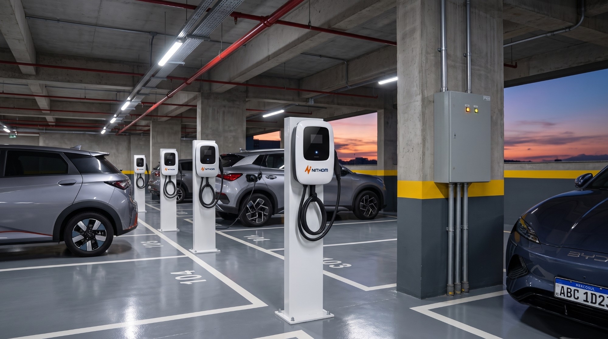 Garagem com totens de recarga Nithom nas vagas e quadro de gestão de energia no pilar