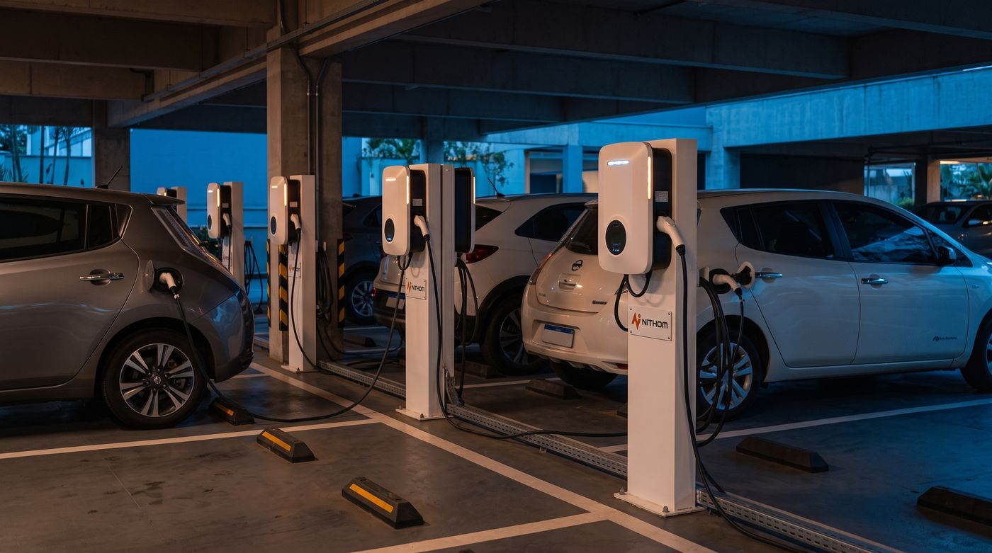 Estacionamento de condomínio com carregadores Nithom em pedestal recarregando carros elétricos