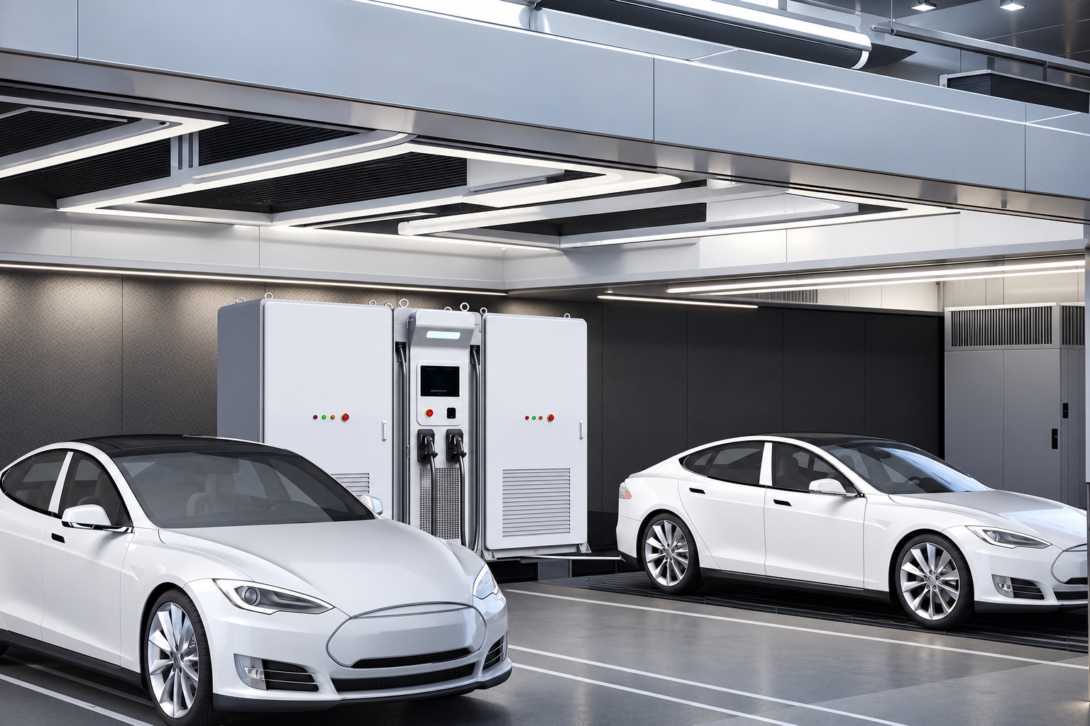 Garagem com carregador rápido ao lado de um sistema de armazenamento de energia por baterias (BESS) e carros elétricos