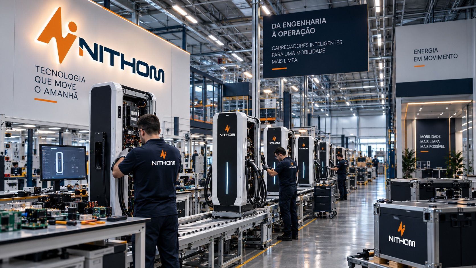 Técnico da Nithom montando carregadores na fábrica, com o logo Nithom e a frase Tecnologia que move o amanhã